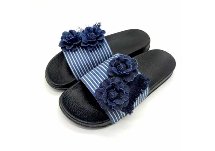 Summer Fashion Women's Canvas Flower Slides Outside Blue Striped Casual Denim Slippers Female Liesure Home PVC Sandals New 2021