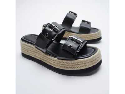 2022 Black Genuine Leather Wedges Platform Sandals For Women Summer Casual Belt Buckle Espadrilles High Heels Shoes