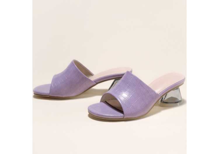 Mid Heel Slippers Ladies Stone Pattern Summer Leather Slippers Shoes Female Transparent Spike Heels Women Sandals Slippers Open