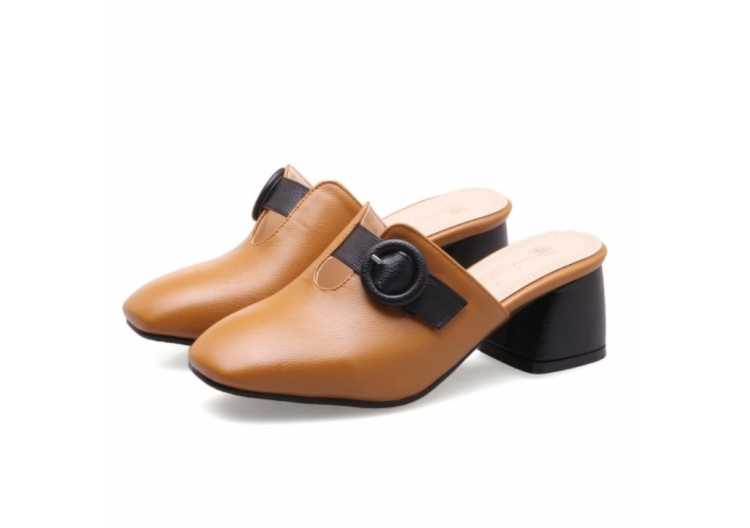 fanyuan Ladies Shoe Square Head Color Matching Shallow Mouth Metal Decoration Thick Heel Female Shoe Plus Size