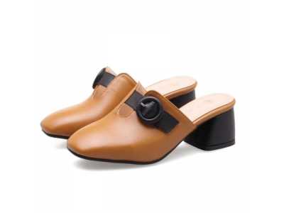 fanyuan Ladies Shoe Square Head Color Matching Shallow Mouth Metal Decoration Thick Heel Female Shoe Plus Size