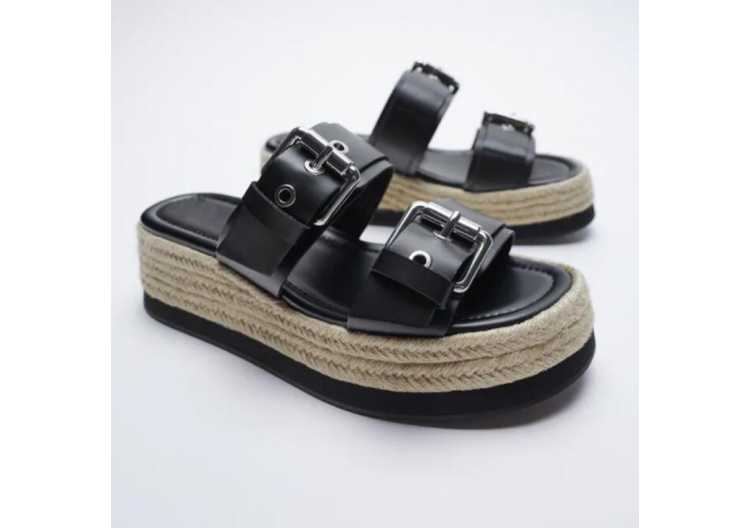 2022 Black Genuine Leather Wedges Platform Sandals For Women Summer Casual Belt Buckle Espadrilles High Heels Shoes